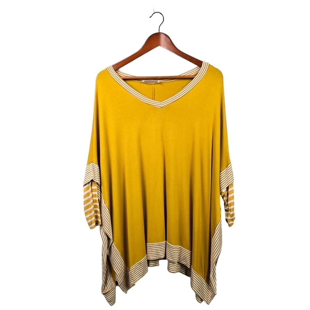 RAE MODE V neck Pullover Poncho Blouse Yellow White Stripe Womens Size M